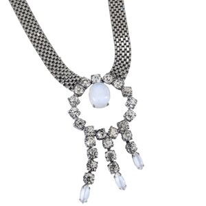 🤍 Vintage Silver Mesh Chain Opal Rhinestone Tassel Pendant Necklace